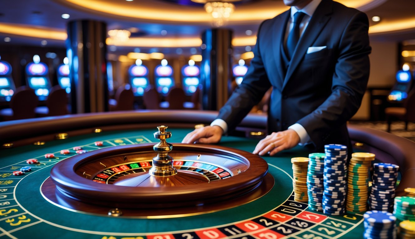 Suasana kasino langsung dengan meja roulette, dealer berpakaian rapi, dan chip kasino yang tersusun rapi.