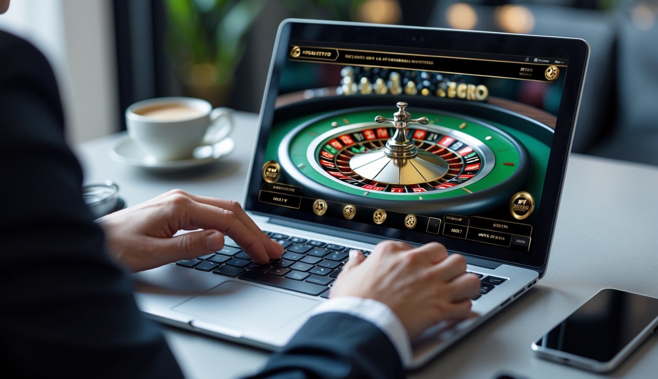 Seseorang menggunakan laptop dengan tampilan permainan roulette online yang menampilkan roda roulette digital dengan angka nol.