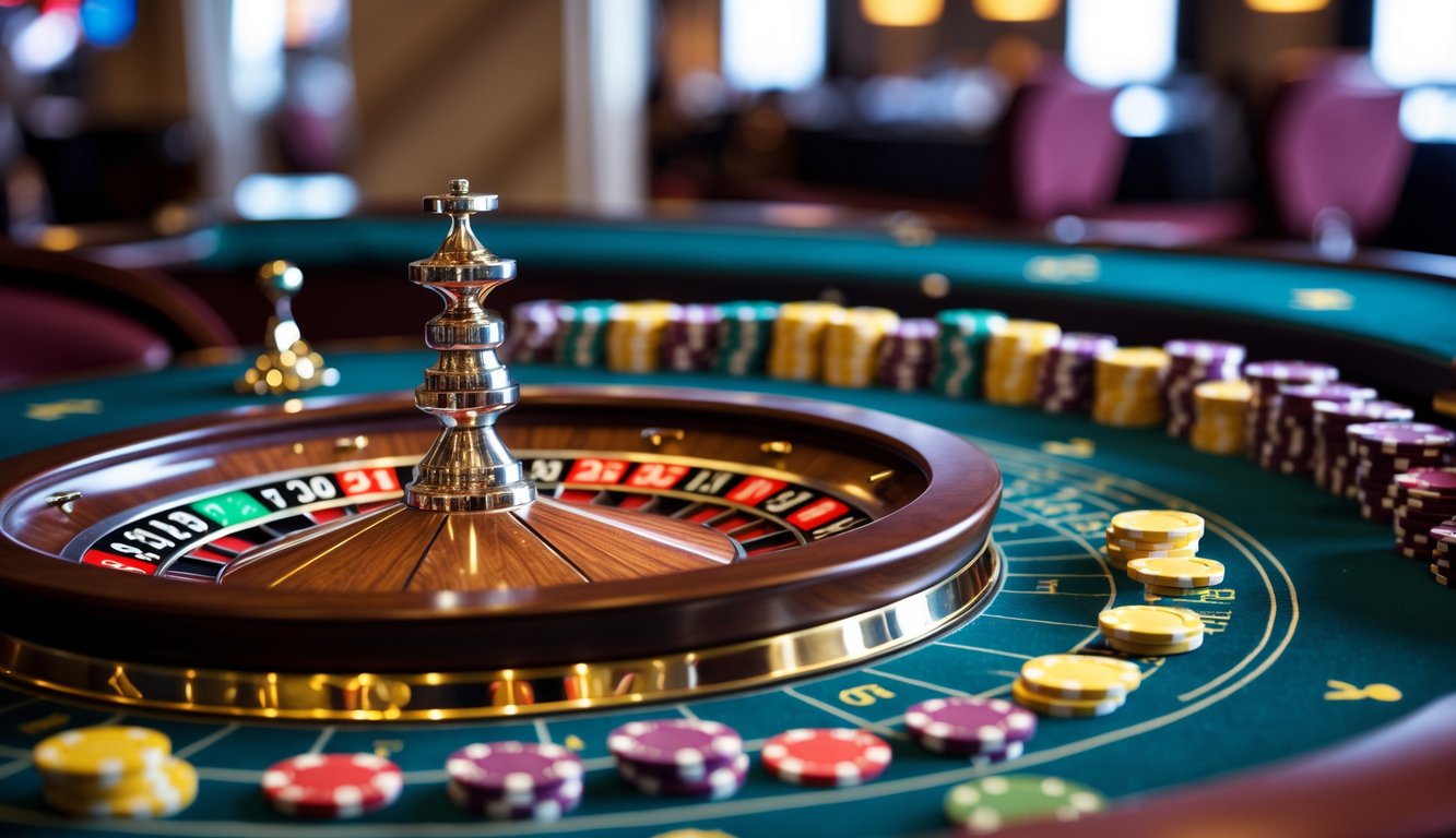 Meja roulette kasino modern dengan roda roulette yang berputar dan tumpukan chip warna-warni di sekitarnya dalam suasana yang aman dan terpercaya.