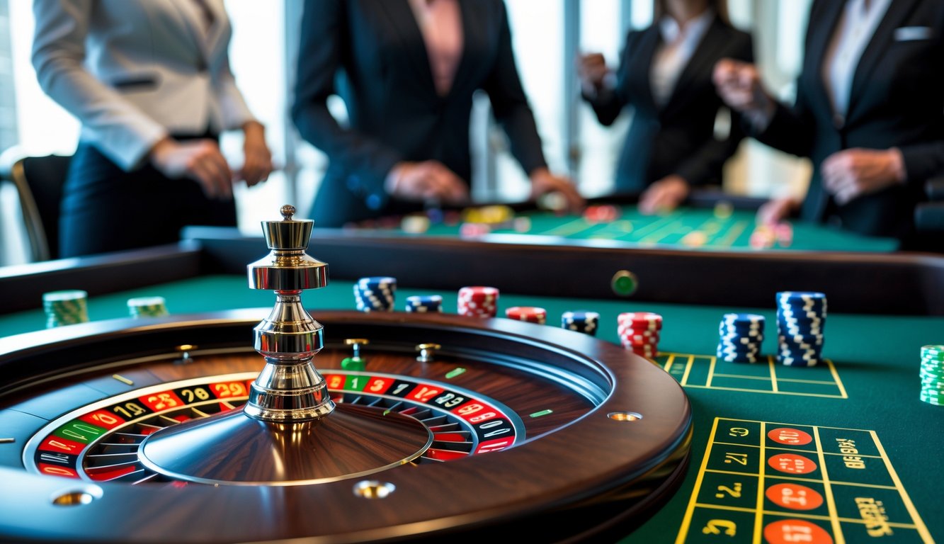 Meja roulette di kasino dengan orang-orang yang sedang melakukan transaksi cepat dan memasang taruhan.