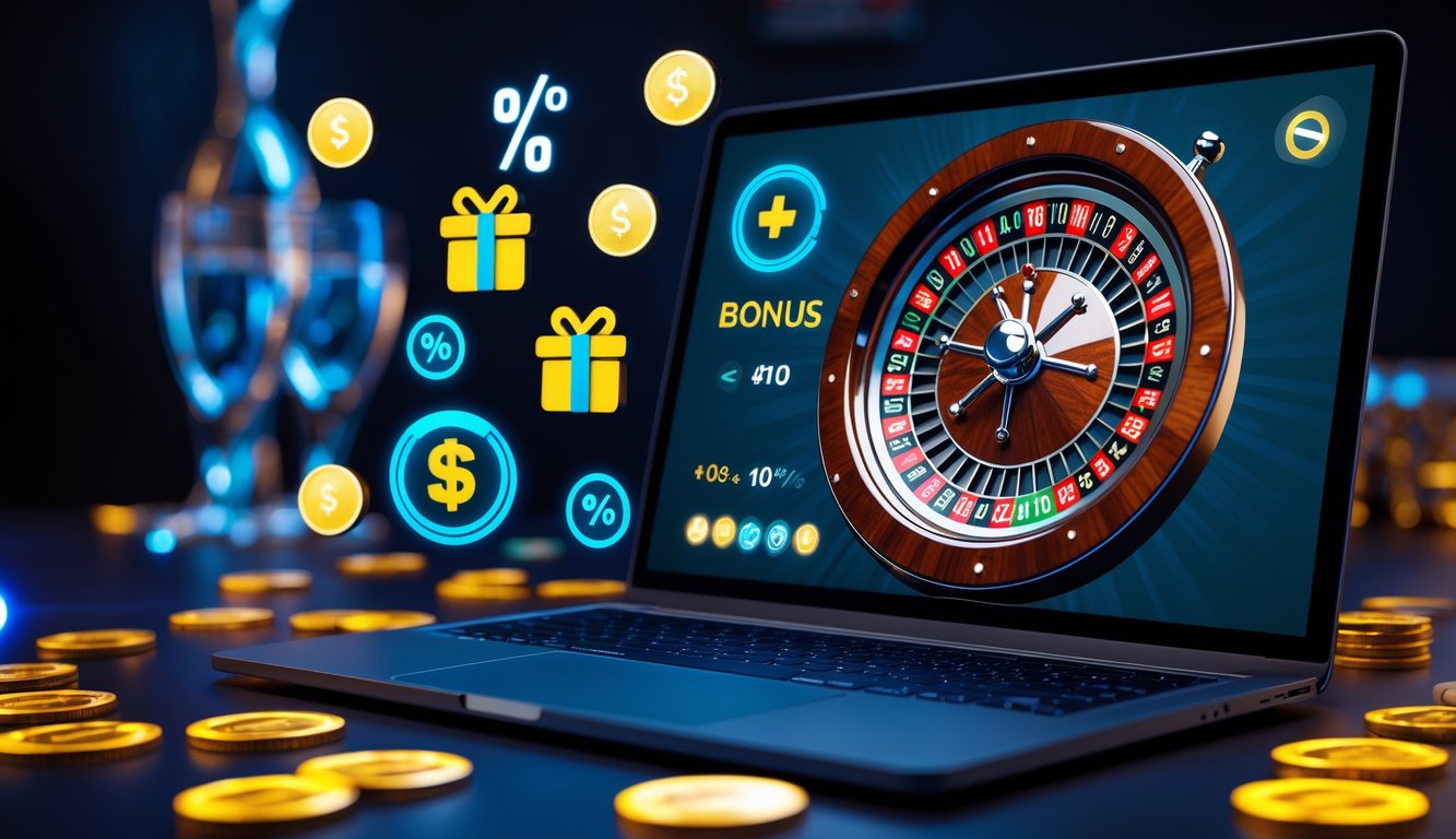 Sebuah laptop menampilkan permainan roulette online dengan ikon bonus dan promo di sekitarnya dalam suasana kasino modern.