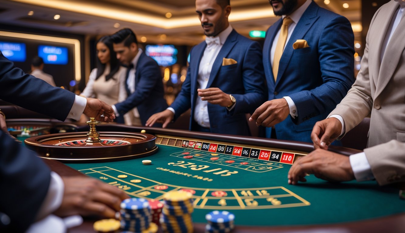 Meja roulette hidup internasional dengan roda roulette berputar dan pemain memasang taruhan di kasino mewah.