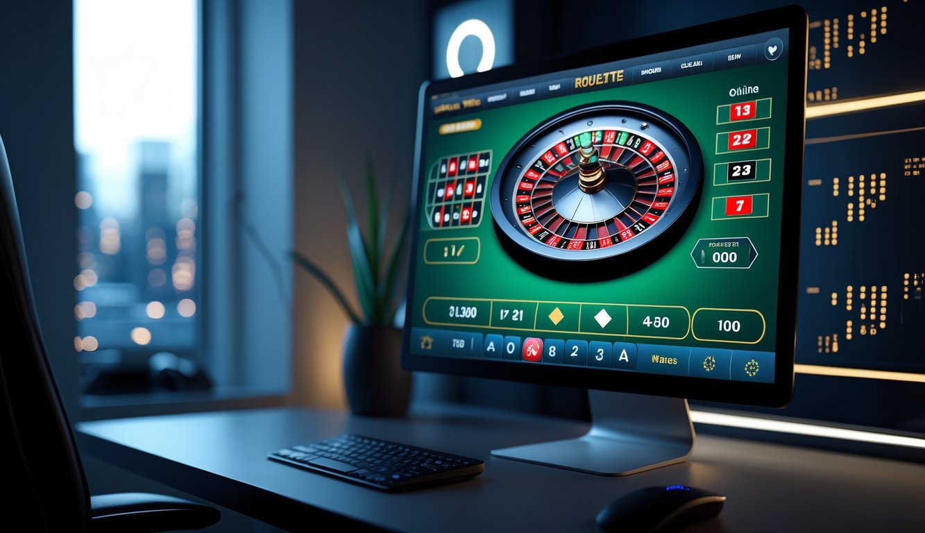 Antarmuka permainan roulette online di layar komputer dengan roda roulette berwarna merah, hitam, dan hijau, di ruang kerja modern dengan pencahayaan redup.