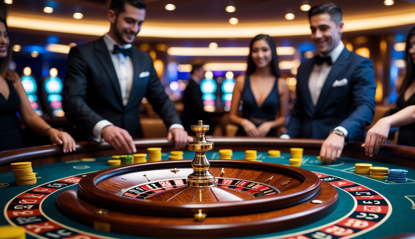 Suasana meja roulette di kasino langsung dengan dealer dan pemain sedang memasang taruhan.