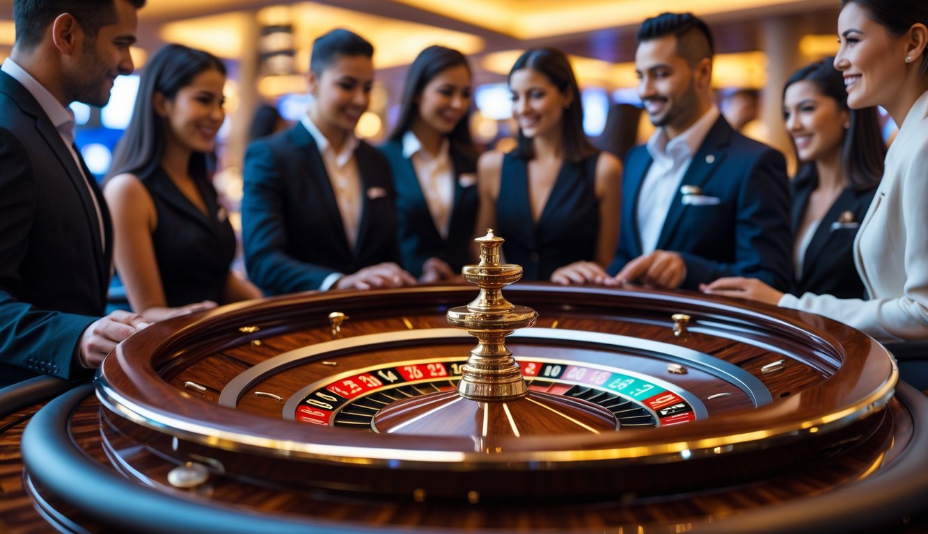 Meja roulette dengan roda Triple Zero dan staf layanan pelanggan profesional yang melayani pengunjung di kasino.