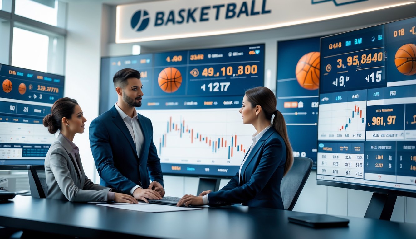 Dua orang profesional sedang melihat layar besar yang menampilkan statistik dan peluang taruhan bola basket di sebuah kantor modern.