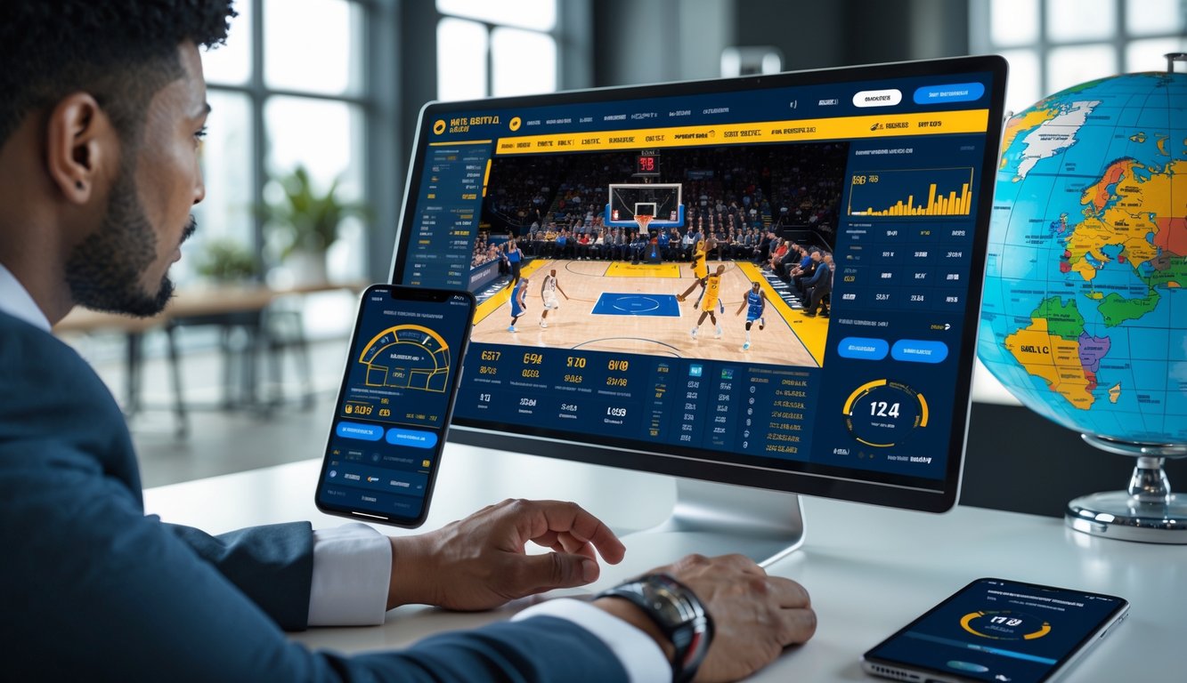 Seorang pria sedang melihat layar komputer yang menampilkan pertandingan bola basket dengan grafik taruhan dan peta dunia di latar belakang.
