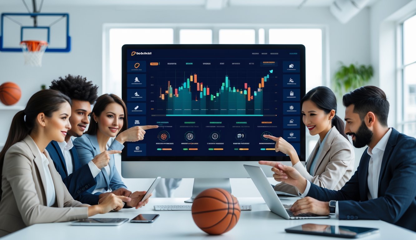 Sejumlah profesional muda sedang bekerja bersama di kantor dengan layar komputer yang menampilkan platform taruhan bola basket yang aman dan cepat.