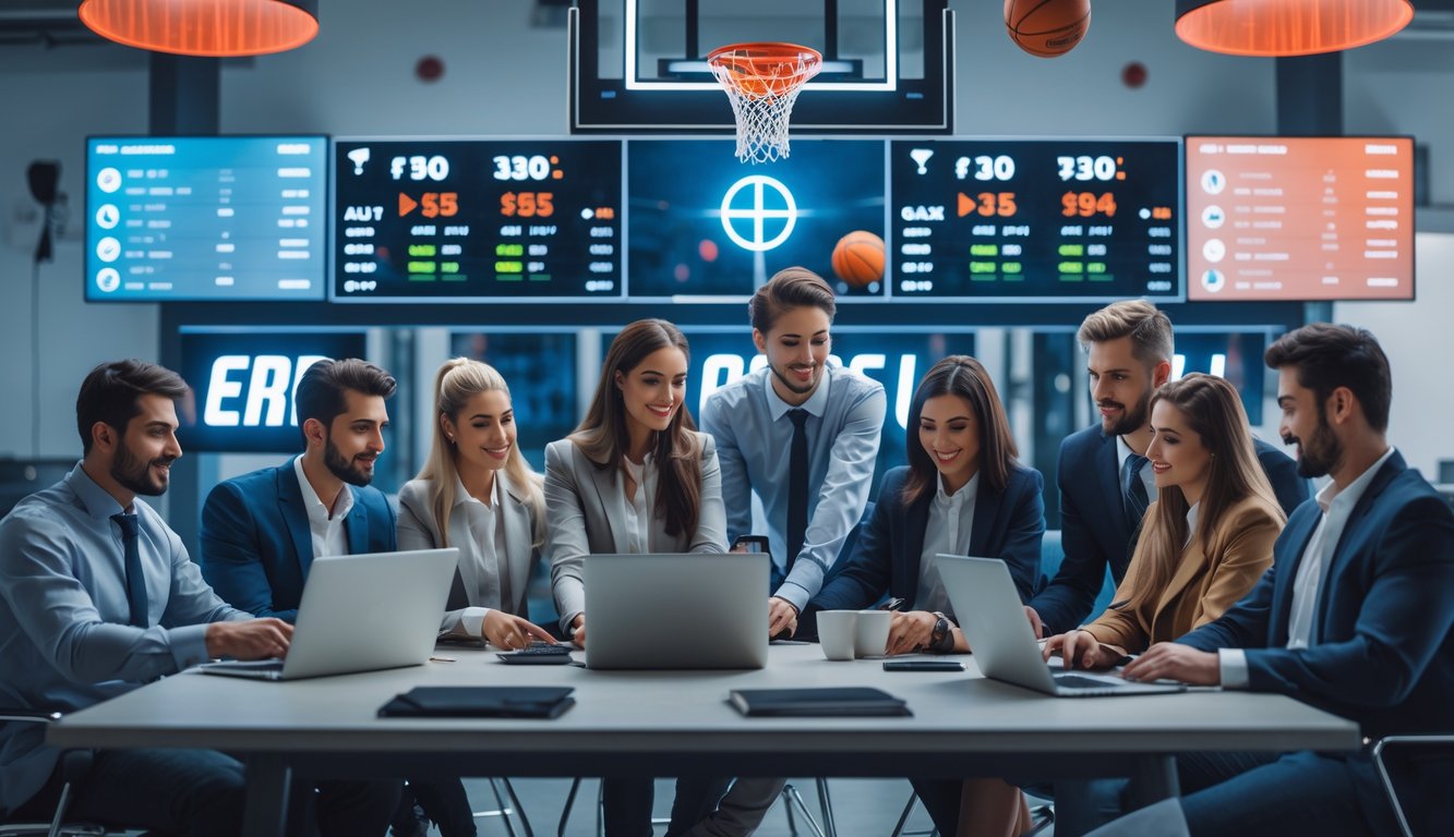 Sekelompok orang muda sedang menggunakan perangkat digital di kantor modern dengan layar menampilkan statistik dan skor bola basket.