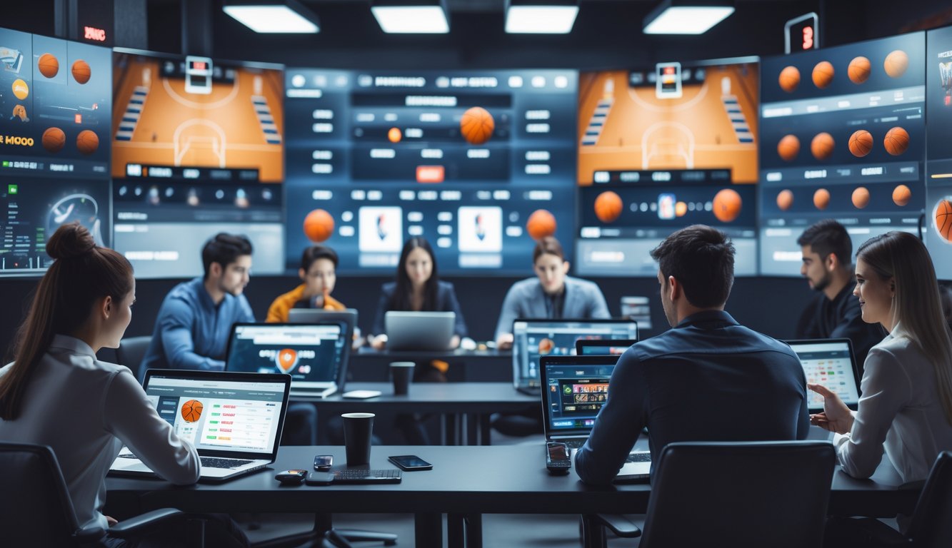 Beberapa orang muda sedang menggunakan komputer dan ponsel untuk menonton pertandingan bola basket secara langsung dan memasang taruhan online di sebuah ruangan modern.