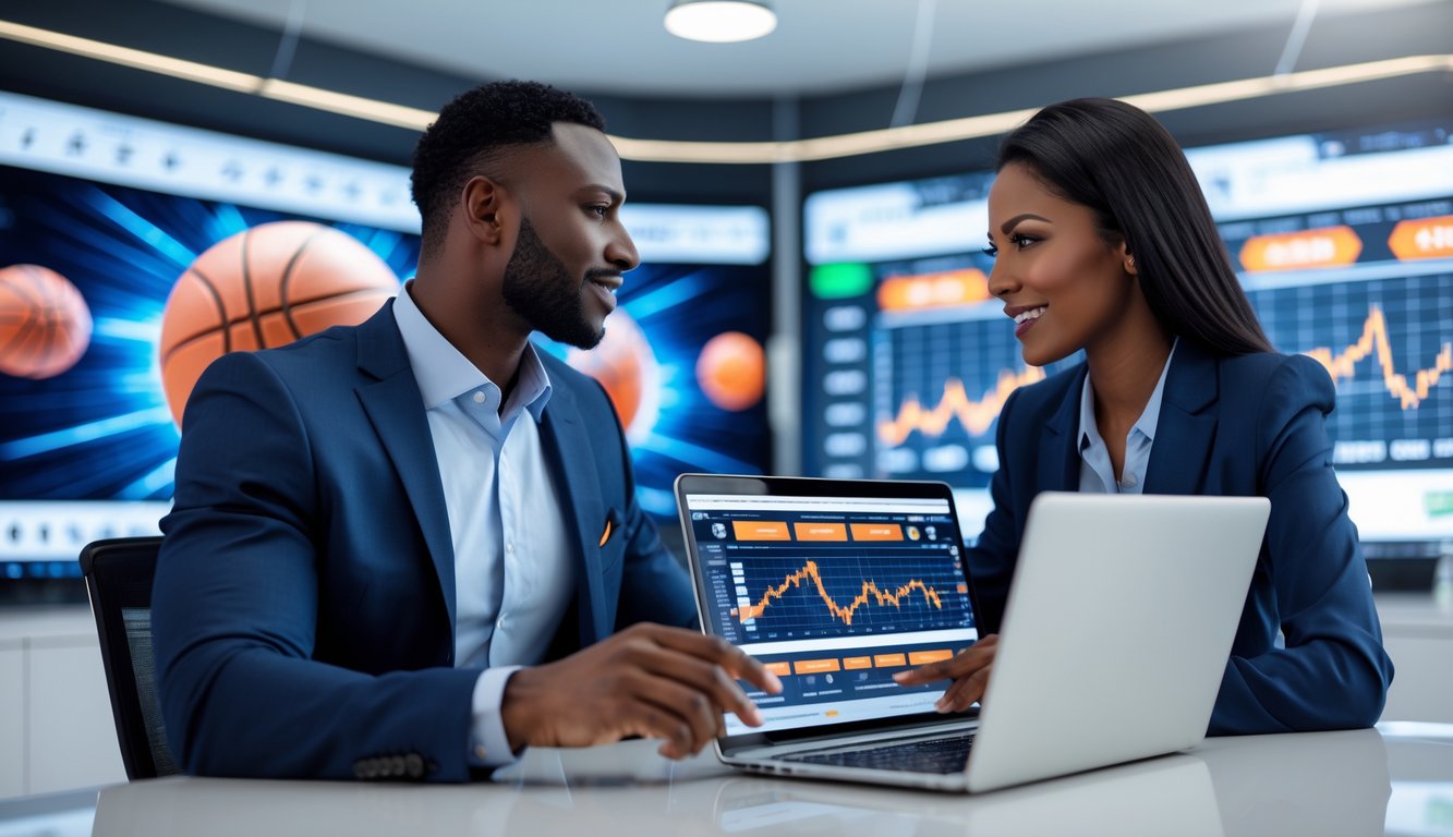 Seorang pria dan wanita berpakaian rapi sedang berdiskusi di kantor modern dengan layar digital menampilkan data bola basket dan transaksi pembayaran cepat.