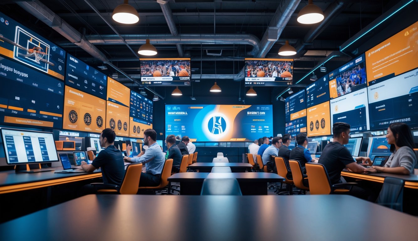 Orang-orang di kantor taruhan olahraga yang memantau pertandingan bola basket dari berbagai liga internasional menggunakan perangkat digital.