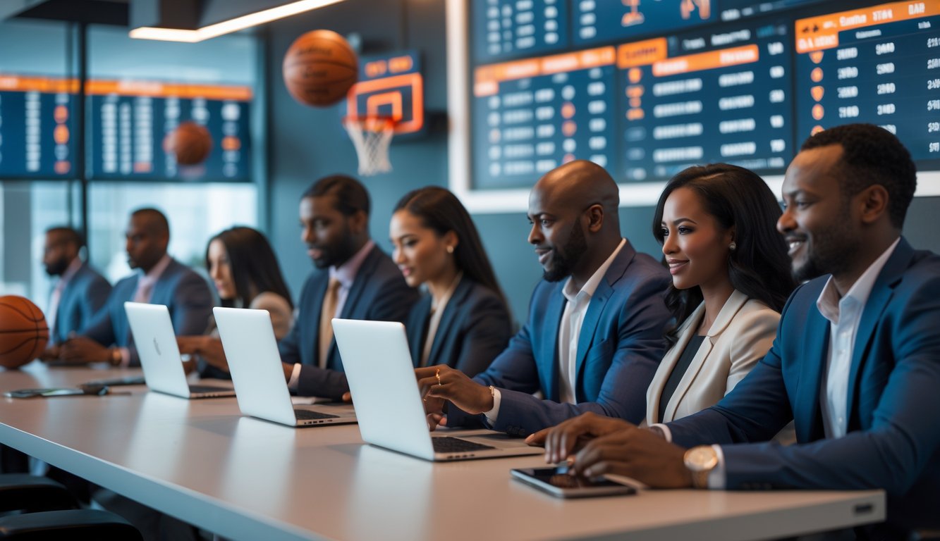 Orang-orang di ruang modern menggunakan perangkat digital untuk memasang taruhan pada pertandingan basket yang ditampilkan di layar besar.