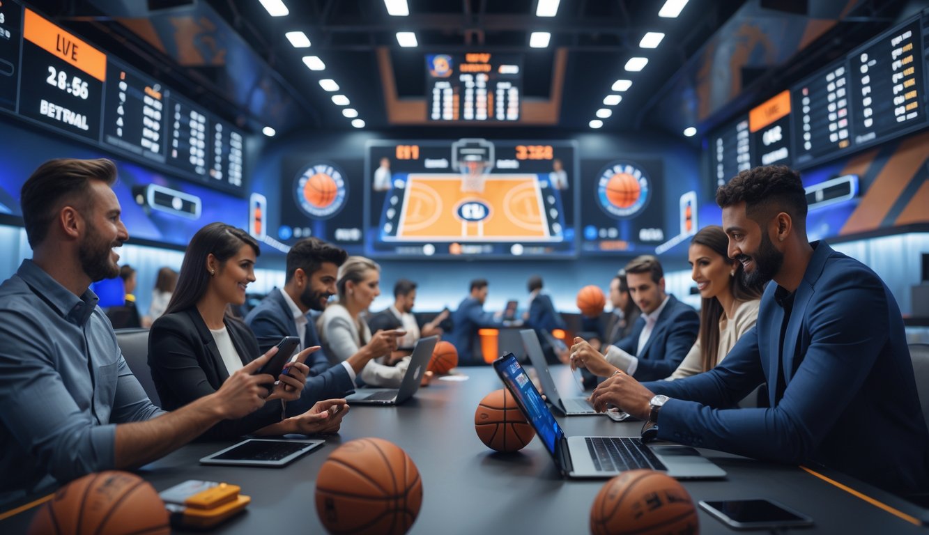 Orang-orang menggunakan perangkat digital di ruang taruhan olahraga dengan layar besar menampilkan pertandingan bola basket secara langsung.