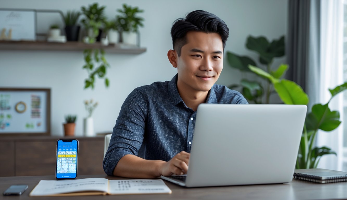 Seorang pemuda Indonesia sedang menggunakan laptop di ruang kerja rumah yang modern dan terang, dengan suasana yang tenang dan terpercaya.