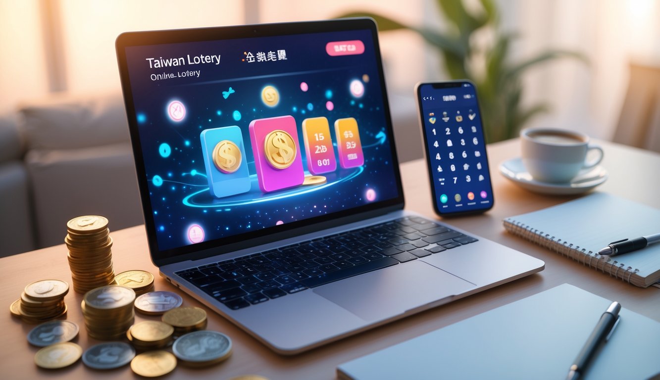 Seorang pengguna duduk di depan komputer dengan layar menampilkan antarmuka lotere, dikelilingi oleh tumpukan koin, ponsel, dan alat tulis di meja kerja yang rapi.