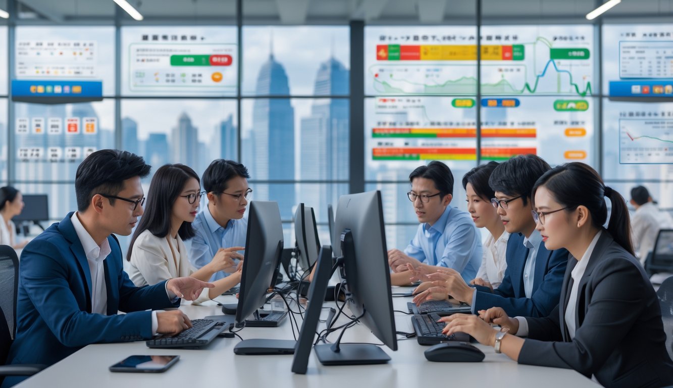 Sekelompok orang muda sedang bekerja bersama di kantor dengan komputer dan grafik, fokus pada analisis permainan lotere Taiwan.