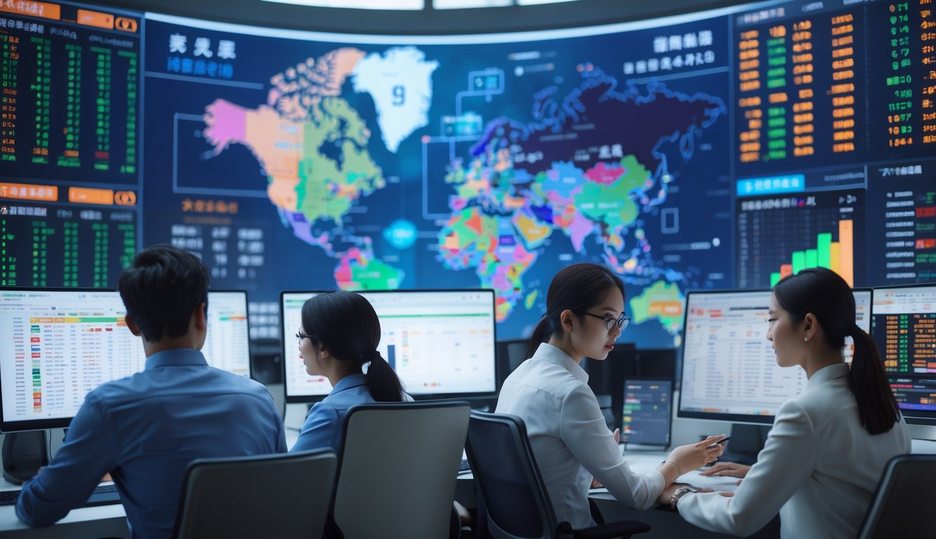 Orang-orang profesional sedang bekerja di kantor modern dengan layar digital besar menampilkan data dan hasil langsung dari pasar lotere Taiwan.