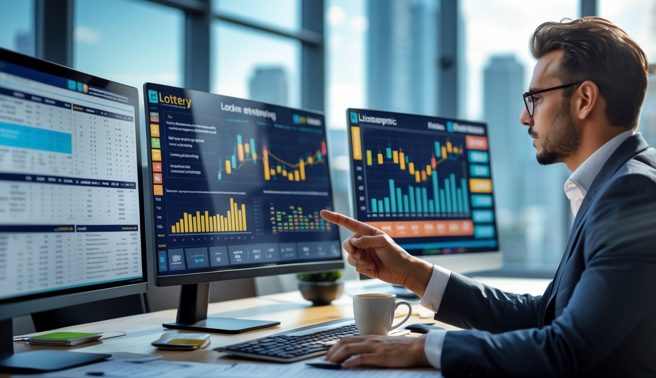Seorang profesional sedang menganalisis data strategi togel di kantor modern dengan layar komputer dan pemandangan kota di latar belakang.