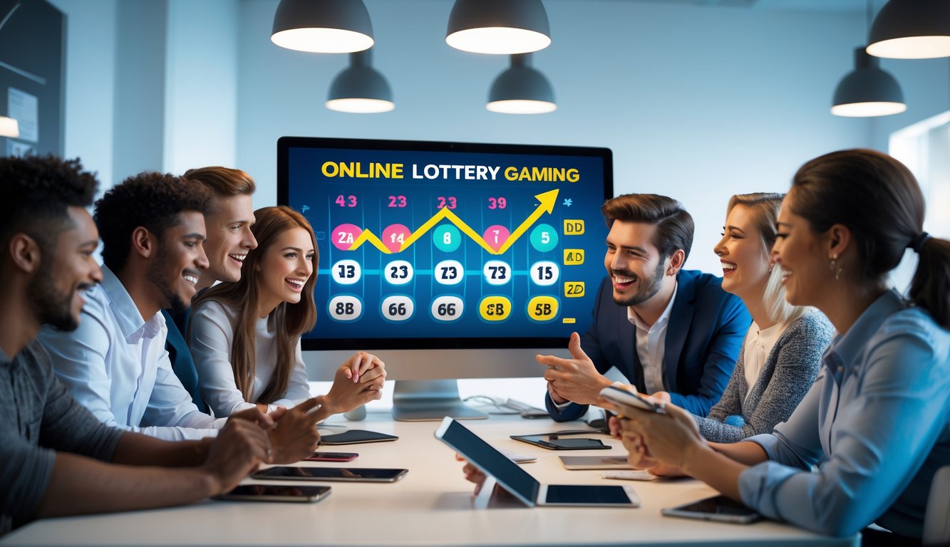 Sekelompok orang muda di kantor modern sedang melihat layar komputer dengan angka lotere dan grafik, tampak senang dan fokus.