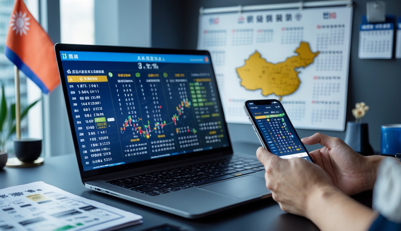Seorang profesional di meja kerja dengan laptop, kalender tahun 2025, dan ponsel, dikelilingi oleh elemen yang menunjukkan Taiwan dan data lotere.