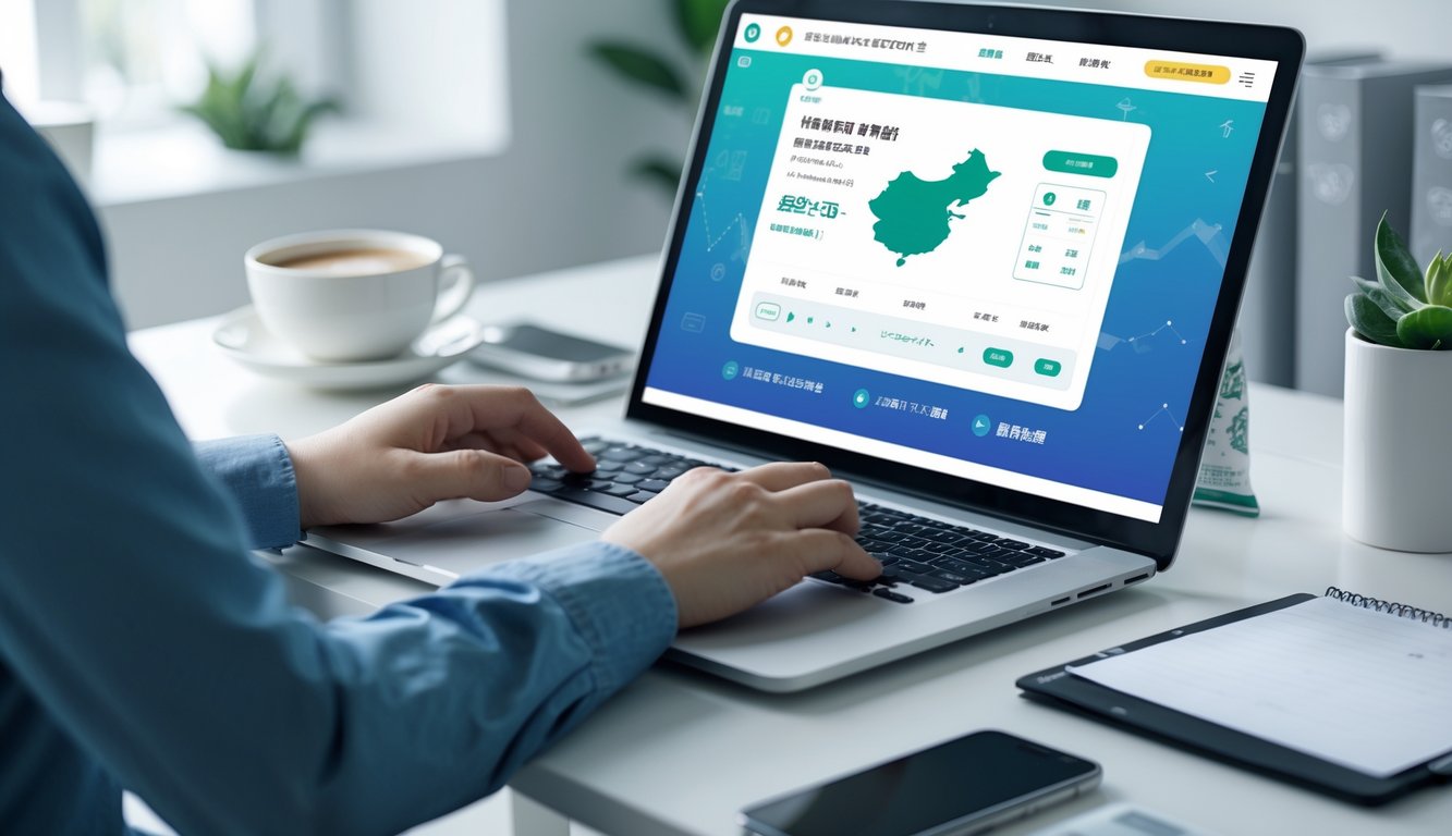 Seseorang menggunakan laptop di meja kerja dengan tampilan situs lotere online dan elemen grafis peta Taiwan di layar.