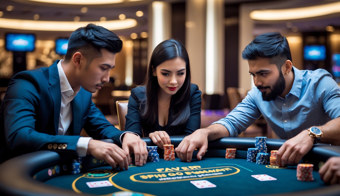 Tiga pemain poker sedang bermain di meja poker dalam suasana kasino yang modern dan terang.