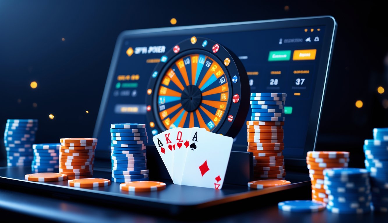Layar komputer menampilkan permainan poker online dengan chip dan kartu poker serta roda putar hadiah acak.