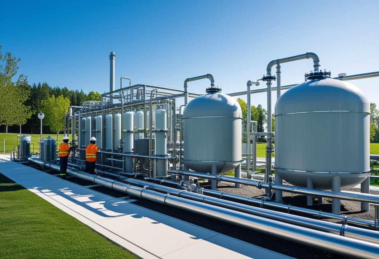 Eine moderne Kläranlage mit großen Tanks und Rohren, umgeben von Grünflächen und Arbeitern in Schutzkleidung.