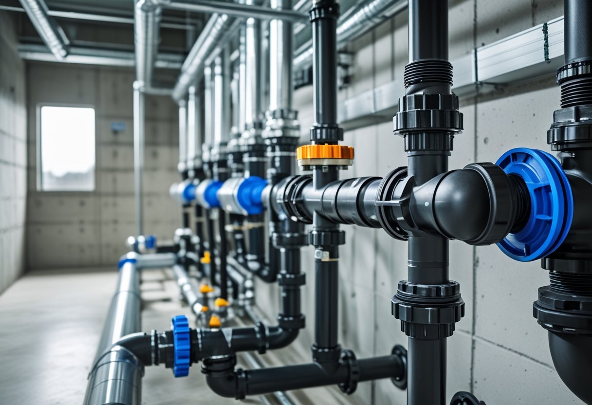 Nahaufnahme eines modernen Abwassersystems in einem Gebäudekeller mit Rohren und Ventilen.