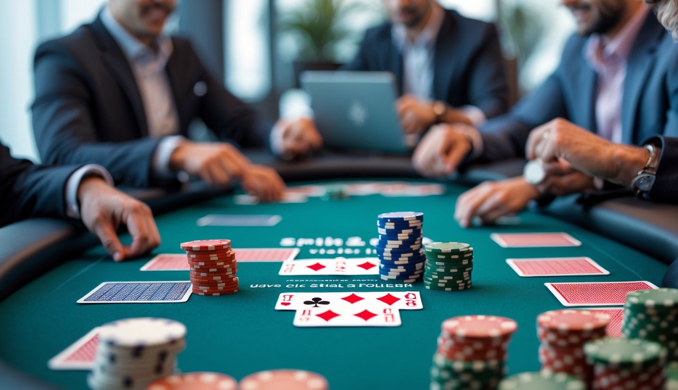 Meja poker dengan tumpukan chip dan kartu, beberapa pemain fokus bermain poker Spin & Go.