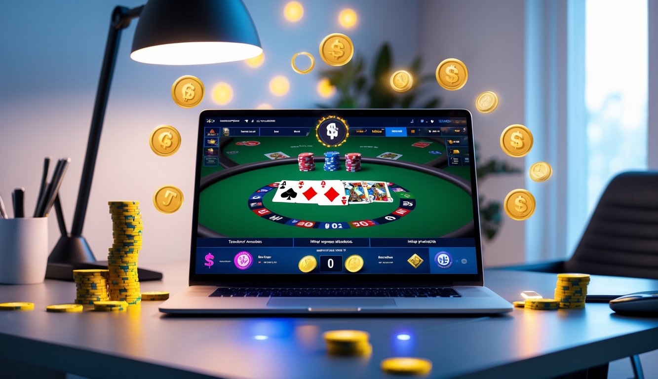 Seorang pemain poker online menggunakan komputer dengan tampilan permainan poker Spin & Go dan simbol koin digital di sekitar meja kerja.