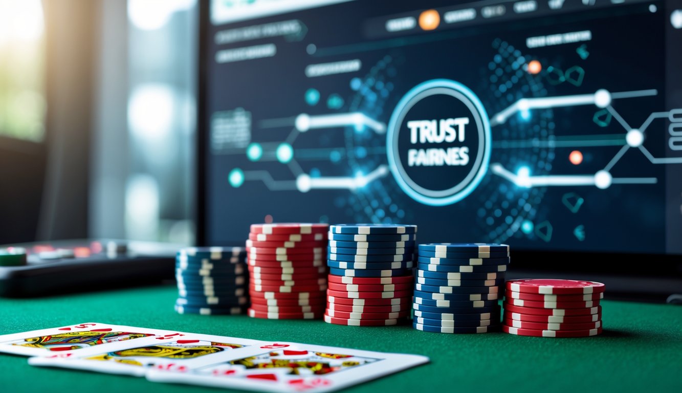 Meja poker dengan tumpukan chip dan kartu bermain, serta layar digital di latar belakang yang menunjukkan teknologi permainan yang adil.
