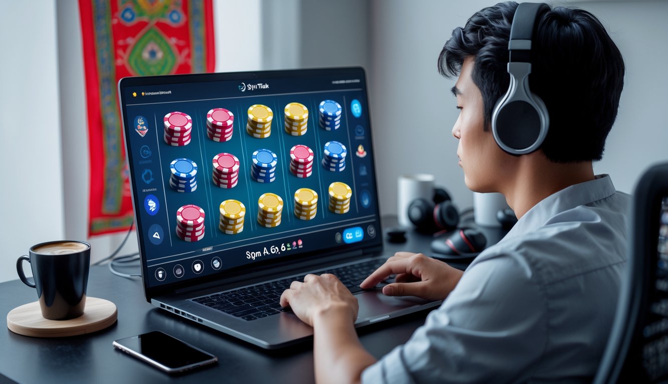 Seorang pemain poker muda sedang fokus bermain poker online di laptop di ruang kerja yang nyaman dengan dekorasi sederhana dan elemen budaya Indonesia.