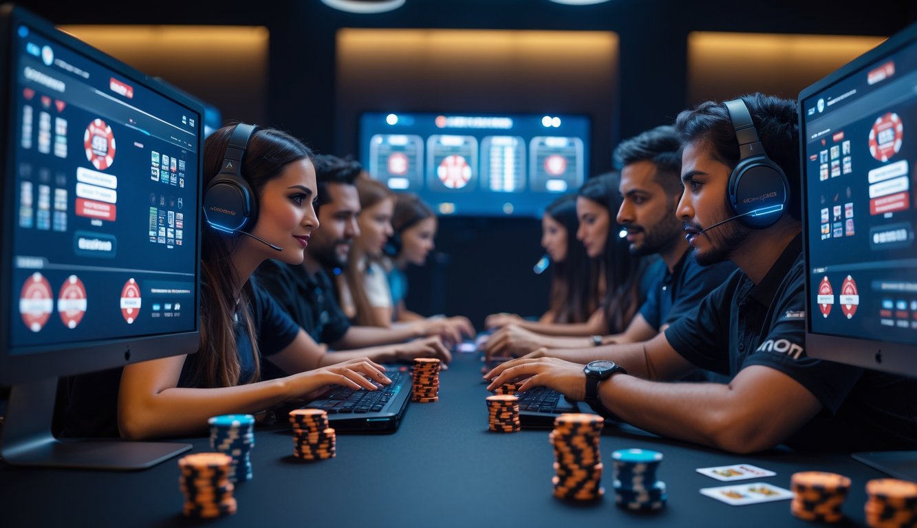 Beberapa orang sedang bermain poker online dengan komputer dan layar yang menampilkan permainan poker dan turnamen.