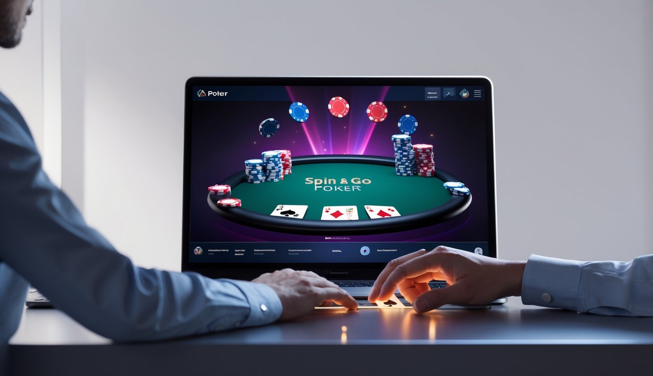 Tampilan komputer dengan permainan poker Spin & Go yang profesional dan stabil.