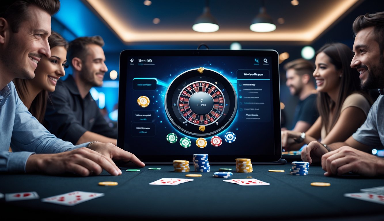 Beberapa orang bermain poker online di depan layar komputer dengan chip dan kartu poker di meja.