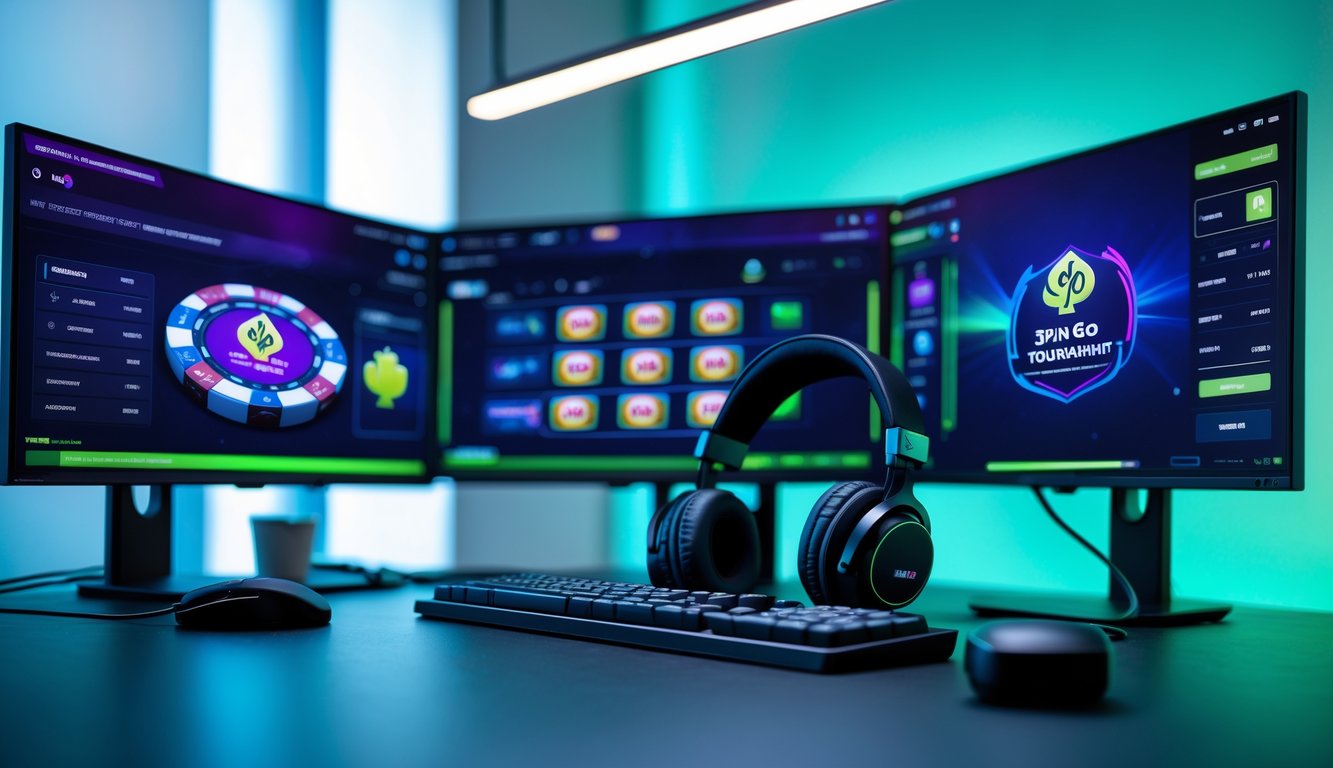 Sebuah meja kerja modern dengan beberapa layar yang menampilkan permainan poker online Spin & Go, dilengkapi dengan headset dan suasana yang profesional.