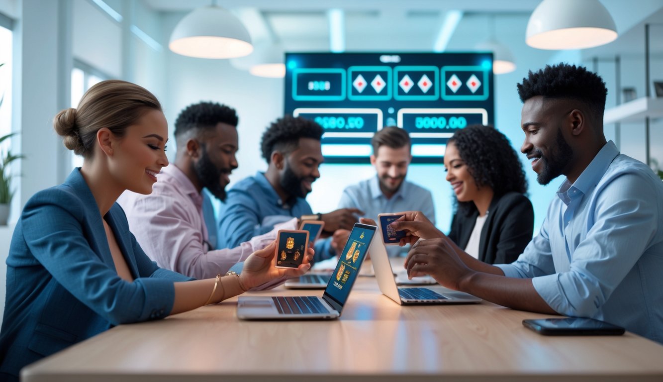 Sekelompok orang bermain permainan kartu online di perangkat digital dalam ruangan modern yang terang dan rapi.