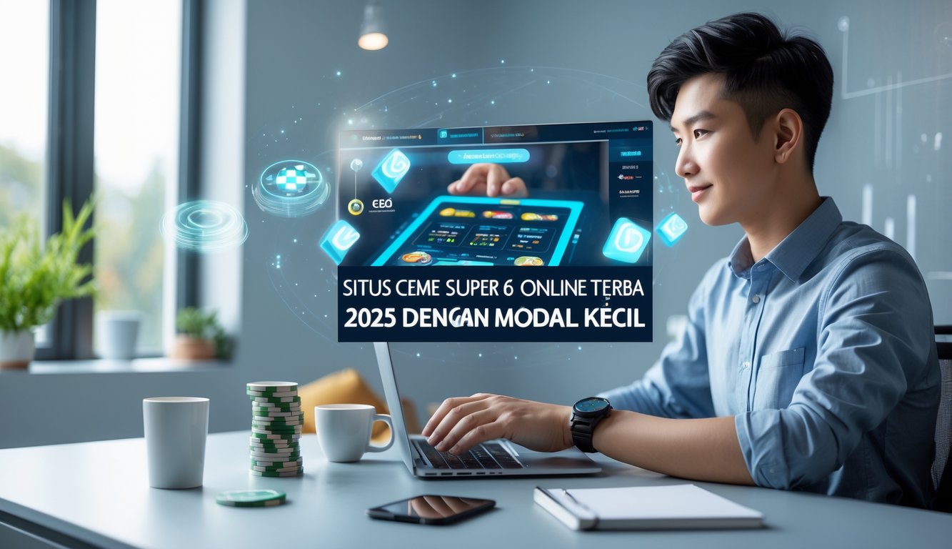 Seseorang duduk di depan laptop di meja kerja dengan suasana terang, terlihat fokus bermain permainan online dengan aksesori meja seperti ponsel dan kopi.