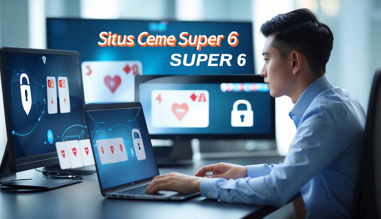 Seorang pengguna komputer dengan latar belakang layar yang menampilkan simbol keamanan dan kartu permainan, menggambarkan suasana situs permainan online yang aman dan terpercaya.