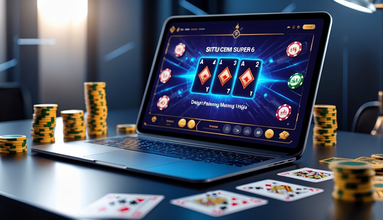 Seseorang menggunakan laptop dengan tampilan permainan kartu digital di meja yang rapi dan terang.