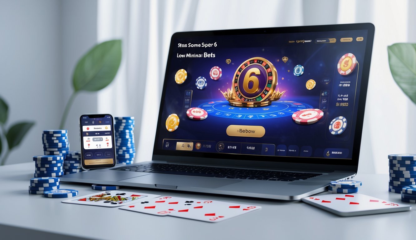 Seorang pria menggunakan laptop dengan permainan kartu online di layar, di meja terdapat chip poker dan kartu remi.