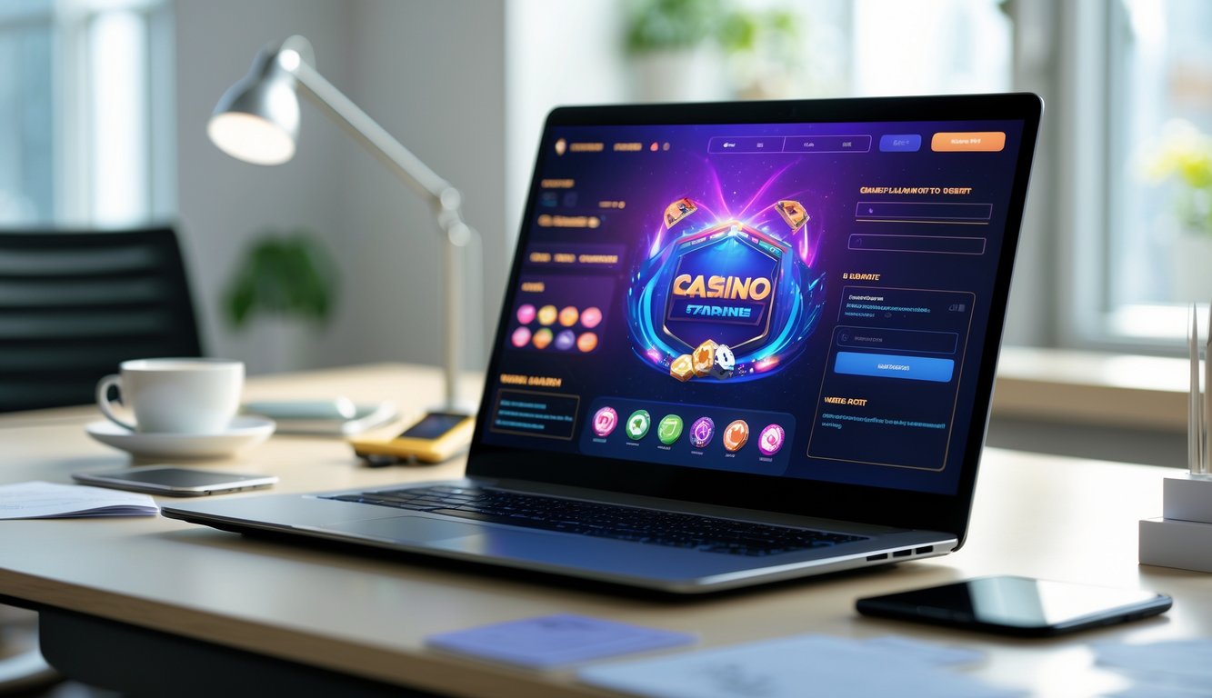 Meja kerja modern dengan laptop yang menampilkan permainan kartu online, dikelilingi oleh cangkir kopi dan ponsel di ruang kantor yang terang.