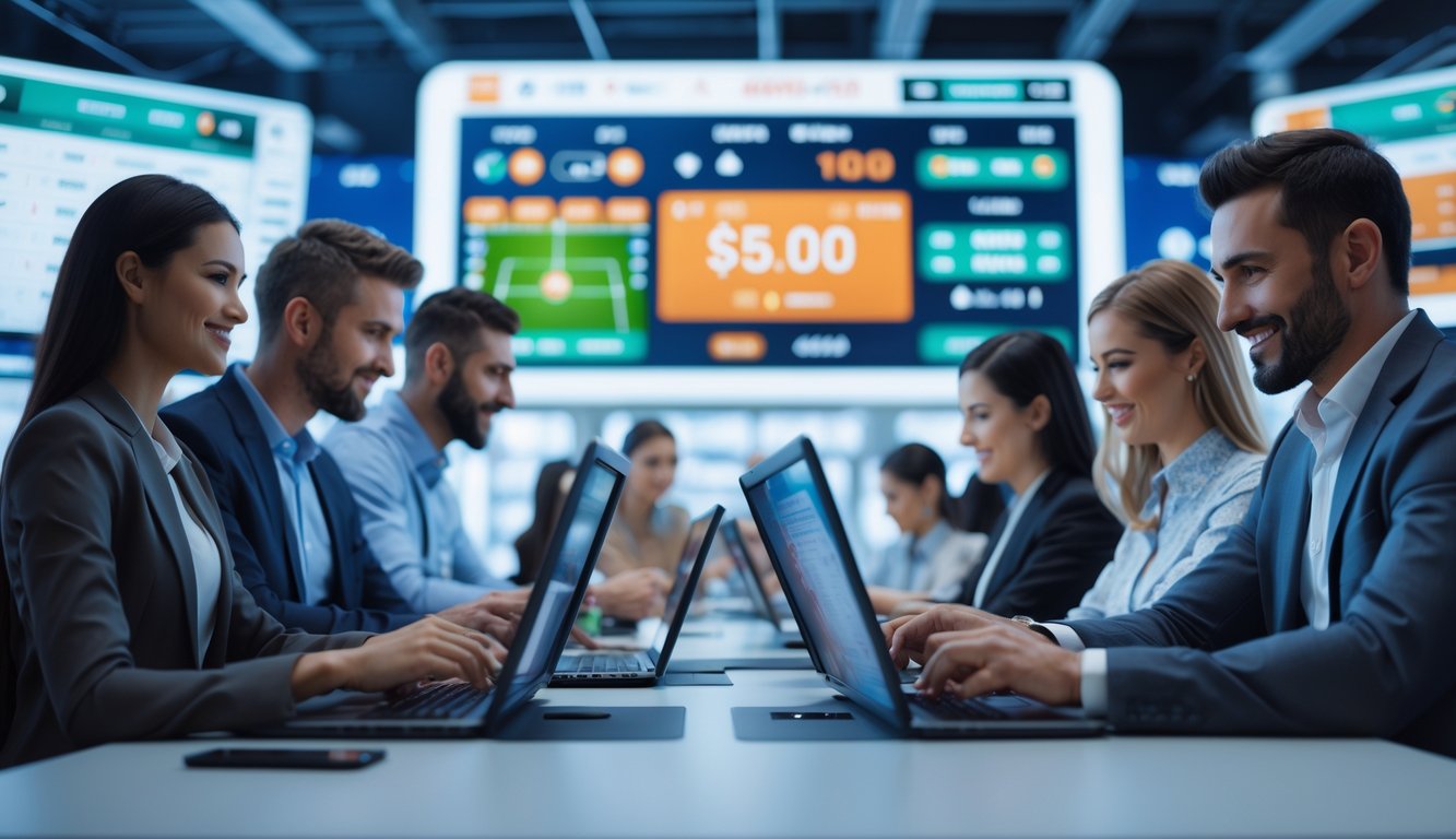 Sekelompok orang menggunakan perangkat digital untuk taruhan olahraga dengan layar besar menampilkan pertandingan dan grafik peluang taruhan.