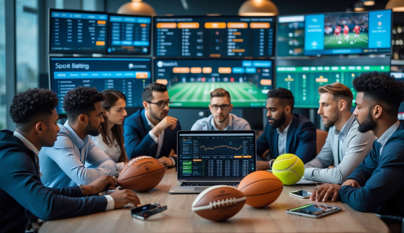 Orang-orang sedang berdiskusi di ruang kerja dengan laptop dan monitor yang menampilkan statistik olahraga dan acara olahraga langsung.