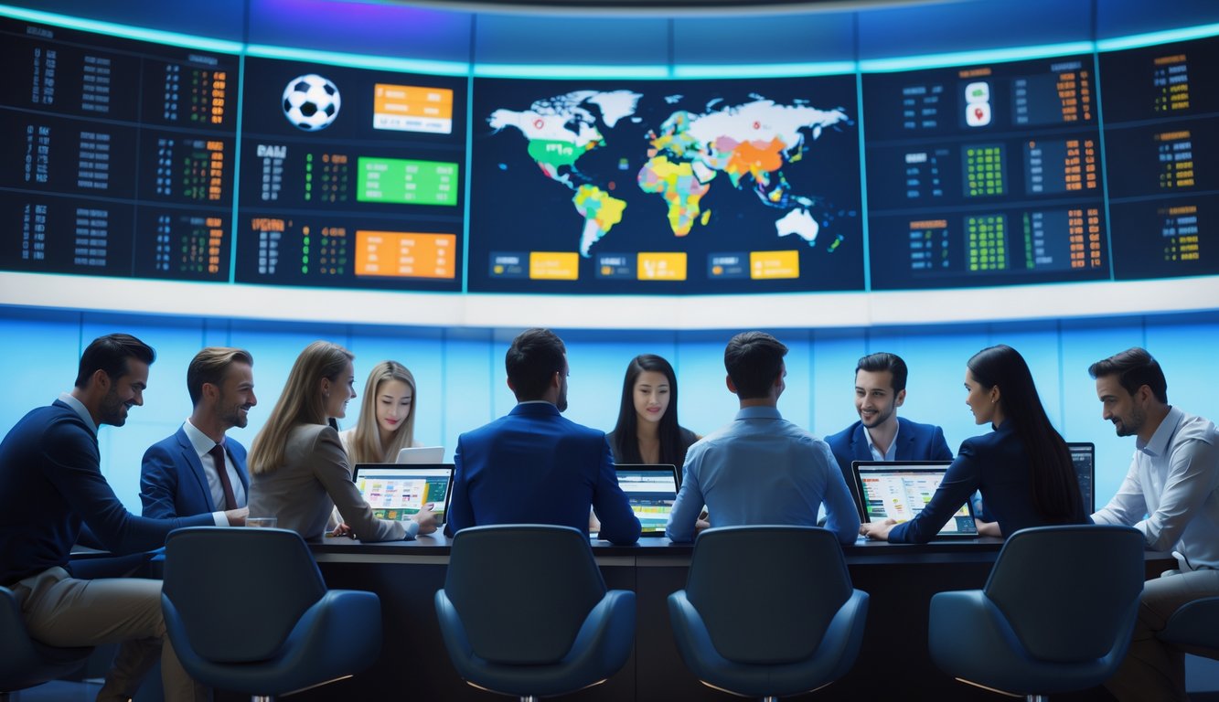 Sejumlah orang sedang melihat layar besar yang menampilkan berbagai pertandingan olahraga dari seluruh dunia dalam sebuah ruangan modern.