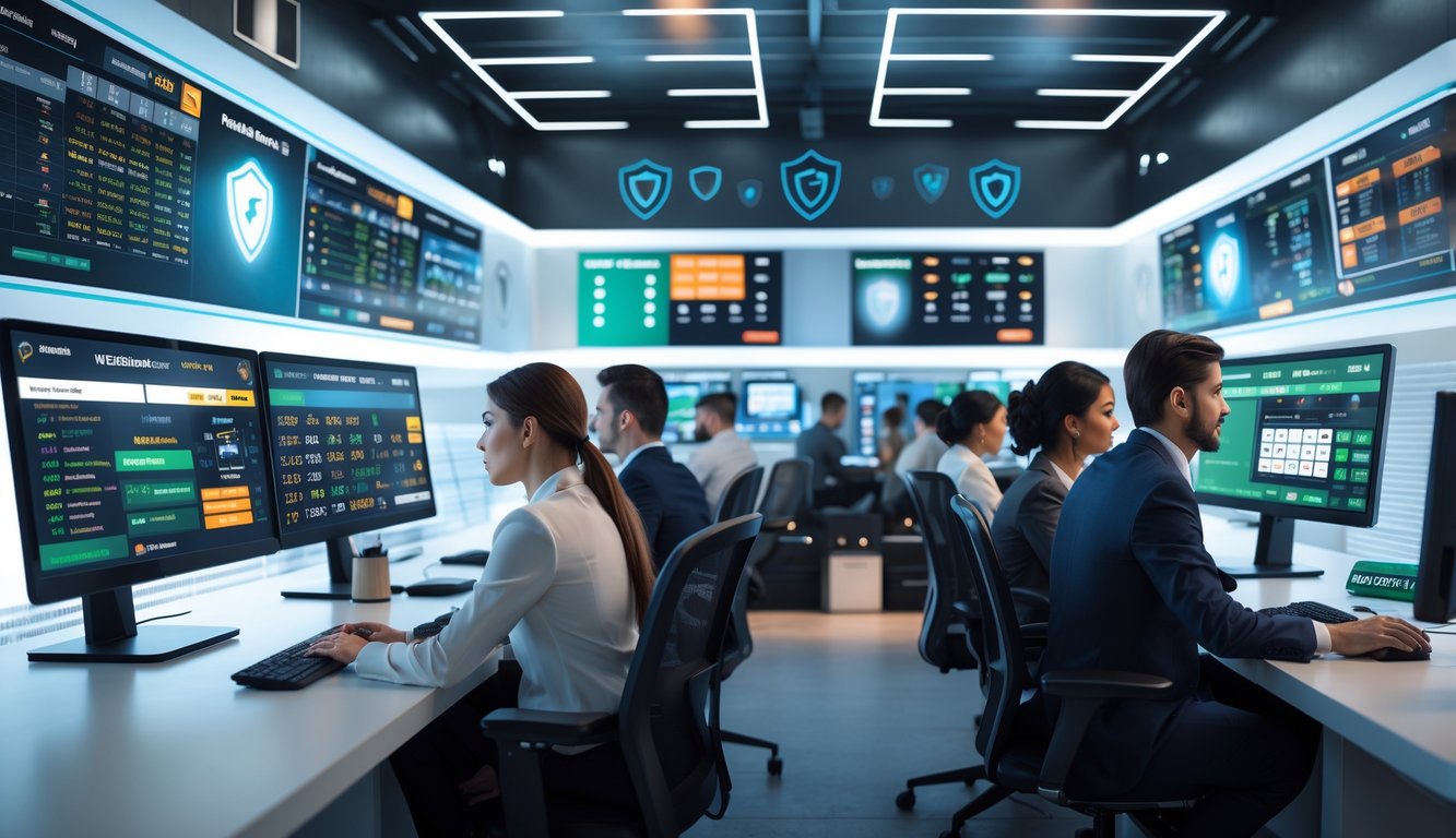 Orang-orang bekerja di kantor modern dengan layar besar menampilkan pertandingan olahraga dan informasi taruhan, menunjukkan lingkungan taruhan olahraga yang aman dan resmi.