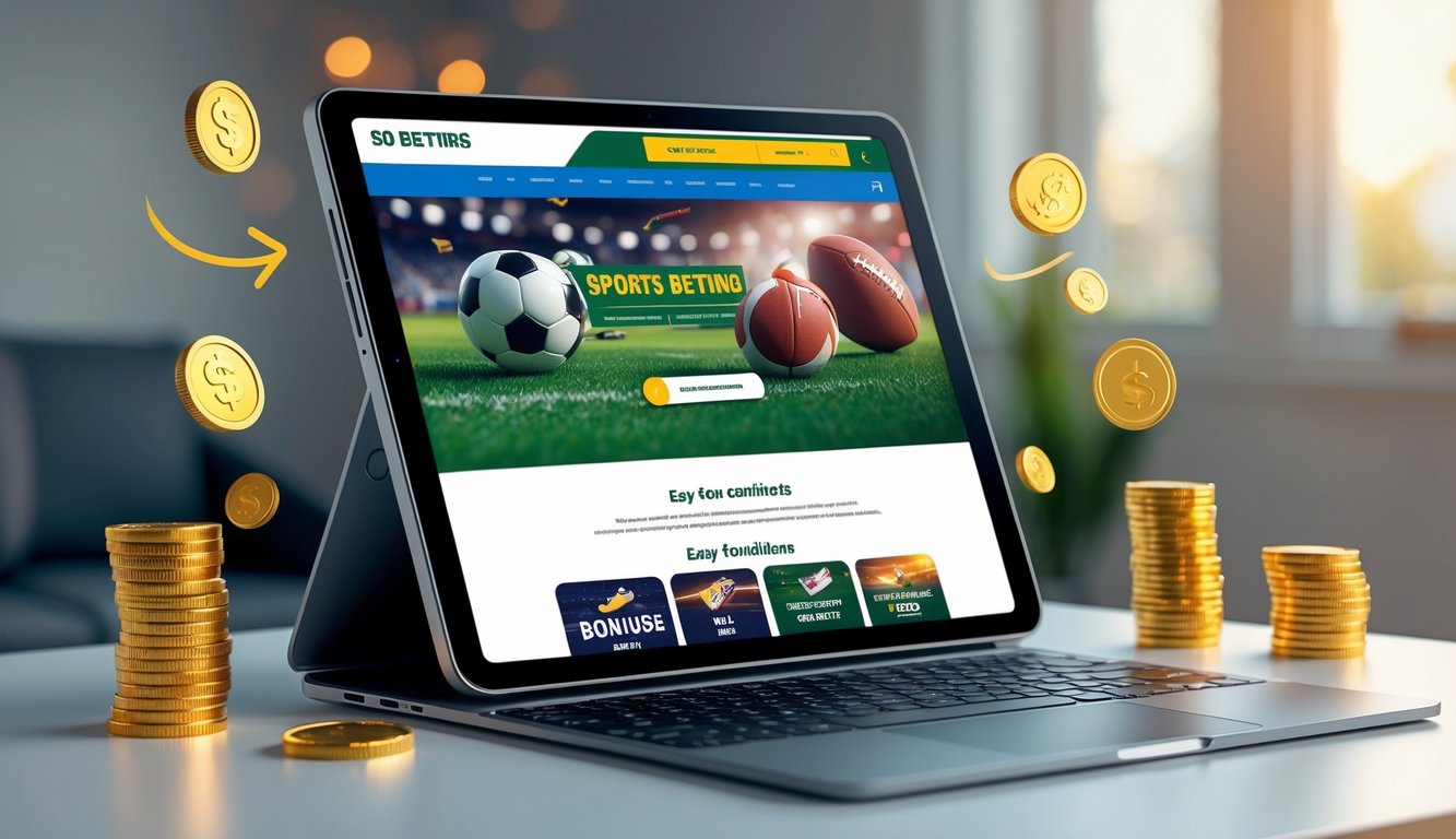 Seseorang menggunakan laptop dengan tampilan situs taruhan olahraga online yang menampilkan berbagai olahraga dan simbol bonus di meja yang rapi.