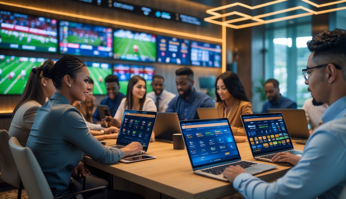Orang-orang berbagai latar belakang sedang menggunakan perangkat digital untuk memasang taruhan olahraga di ruangan modern dengan beberapa layar menampilkan pertandingan olahraga.